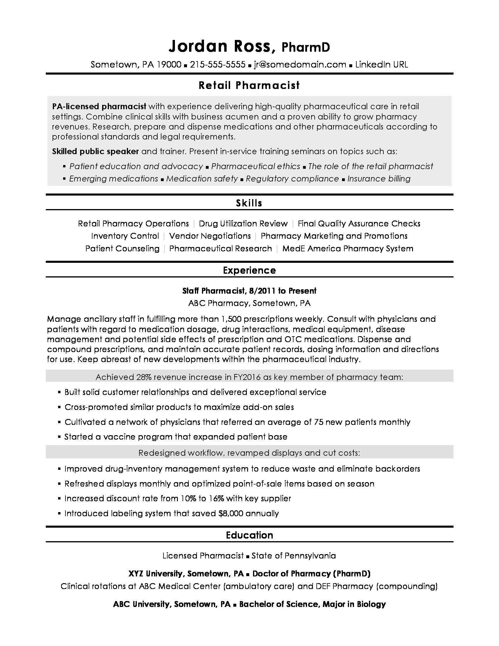 Pharmacy Curriculum Vitae Template Pharmacist Resume Sample