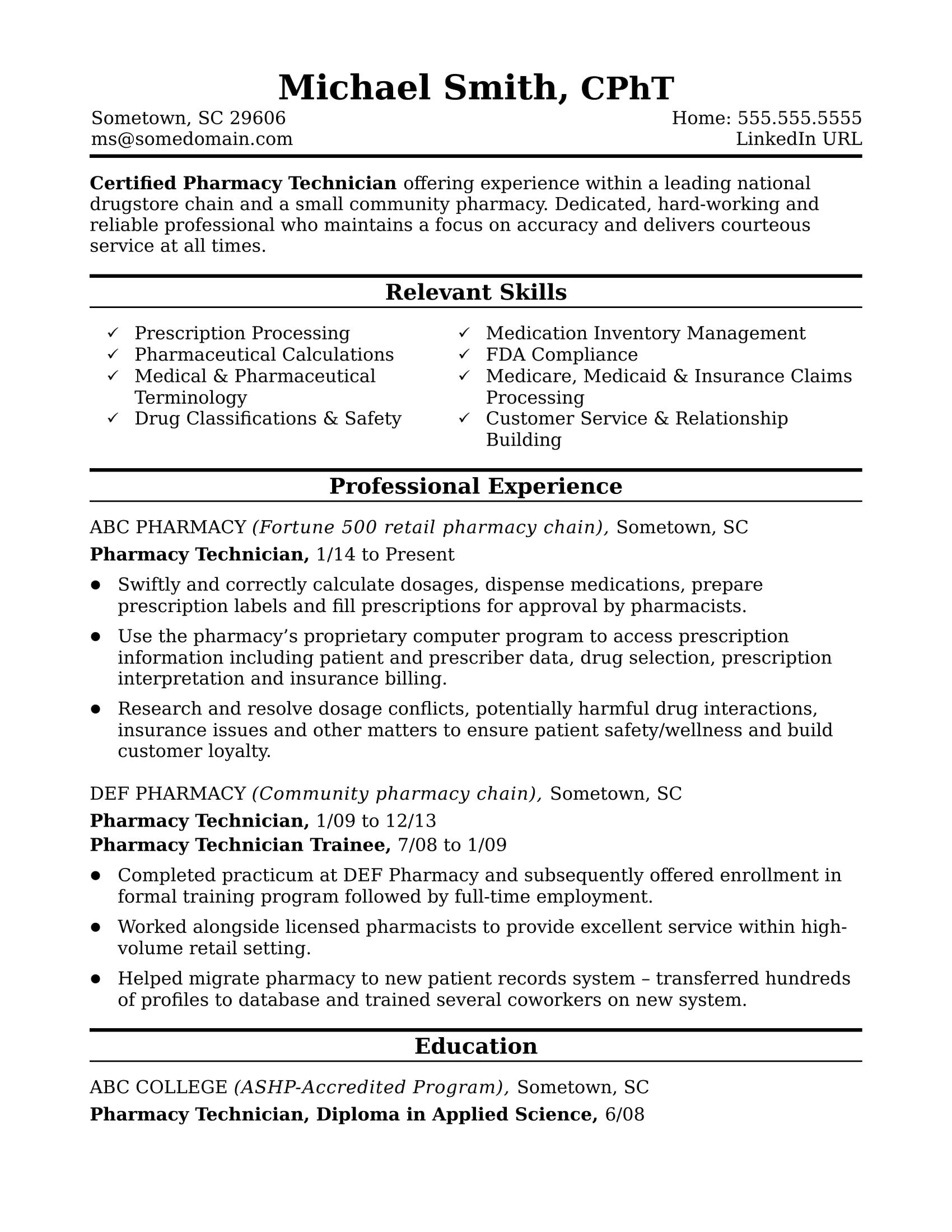 Pharmacy Technician Resume Sample Midlevel Pharmacy Technician Resume Sample