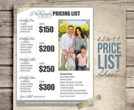 Photography Price List Template Graphy Package Pricing Grapher Price List