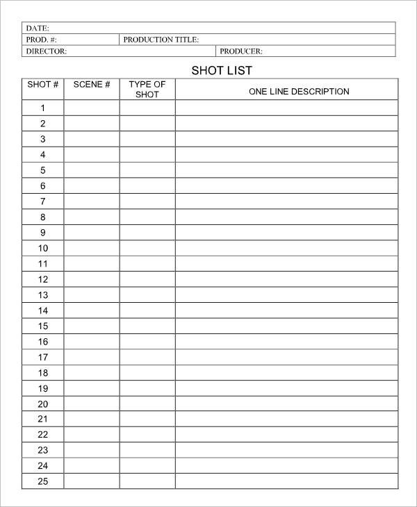 Photography Shot List Template 7 Sample Shot List Templates Doc Pdf Excel