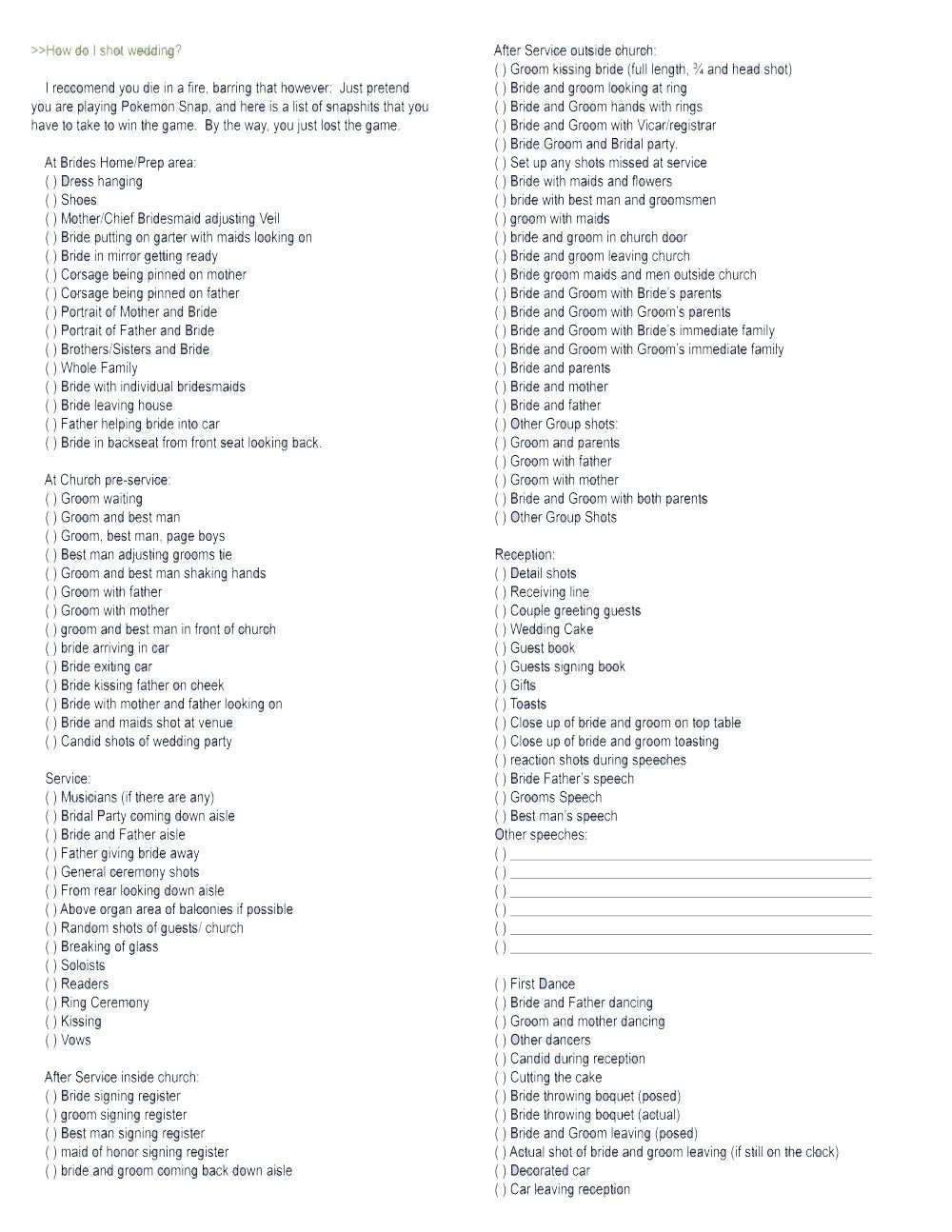 Photography Shot List Template the Ultimate Wedding Graphy Checklist the Phoblographer