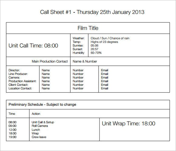 Photoshoot Call Sheet Template 8 Sample Call Sheet Templates Free Sample Example format