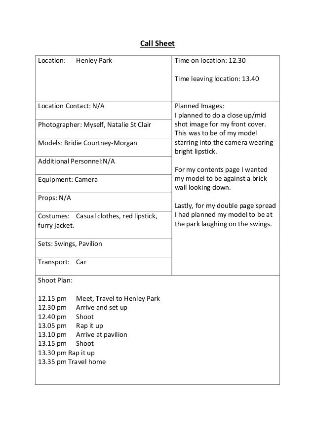 Photoshoot Call Sheet Template Call Sheet 1