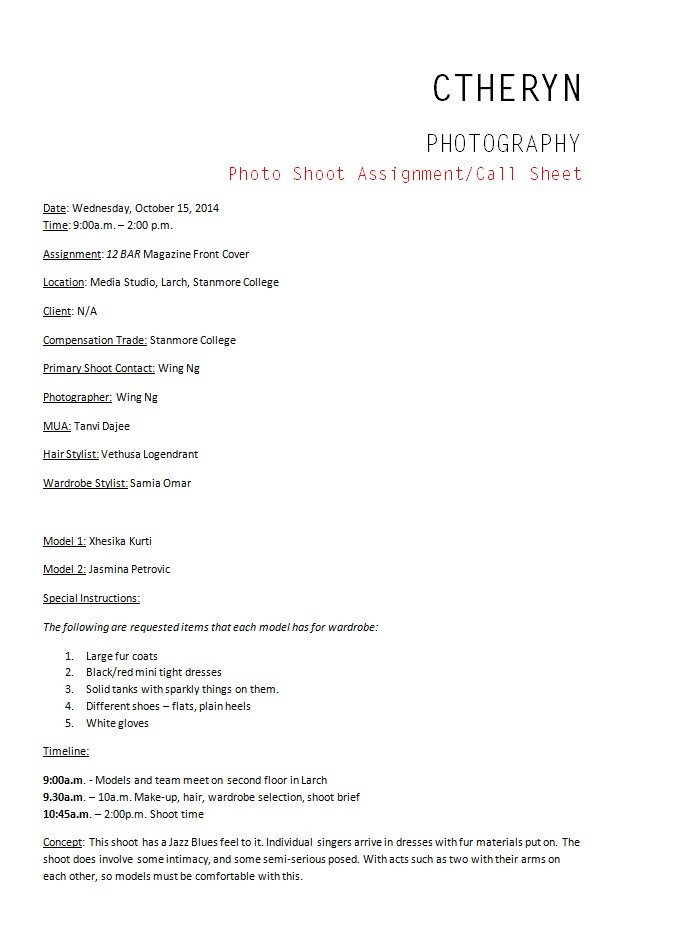 Photoshoot Call Sheet Template Call Sheet organising My Shoots