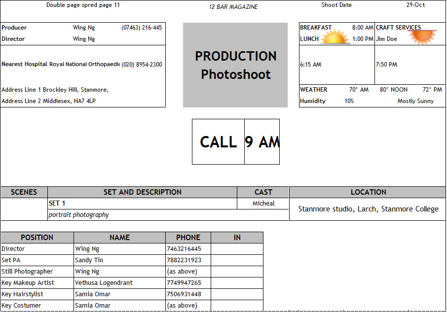 Photoshoot Call Sheet Template Call Sheet organising My Shoots