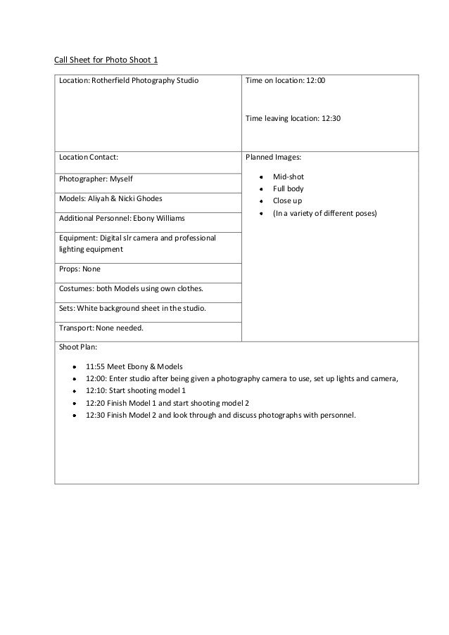 Photoshoot Call Sheet Template Call Sheet Rose