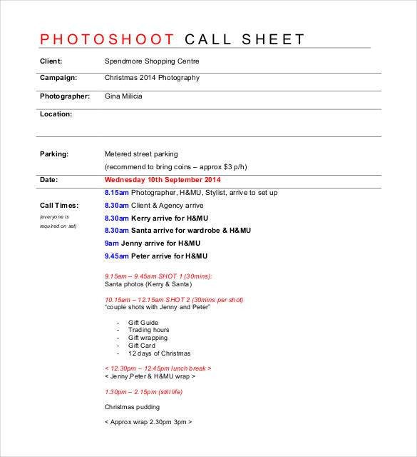 Photoshoot Call Sheet Template Call Sheet Template