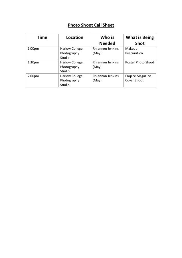 Photoshoot Call Sheet Template Shoot Call Sheet