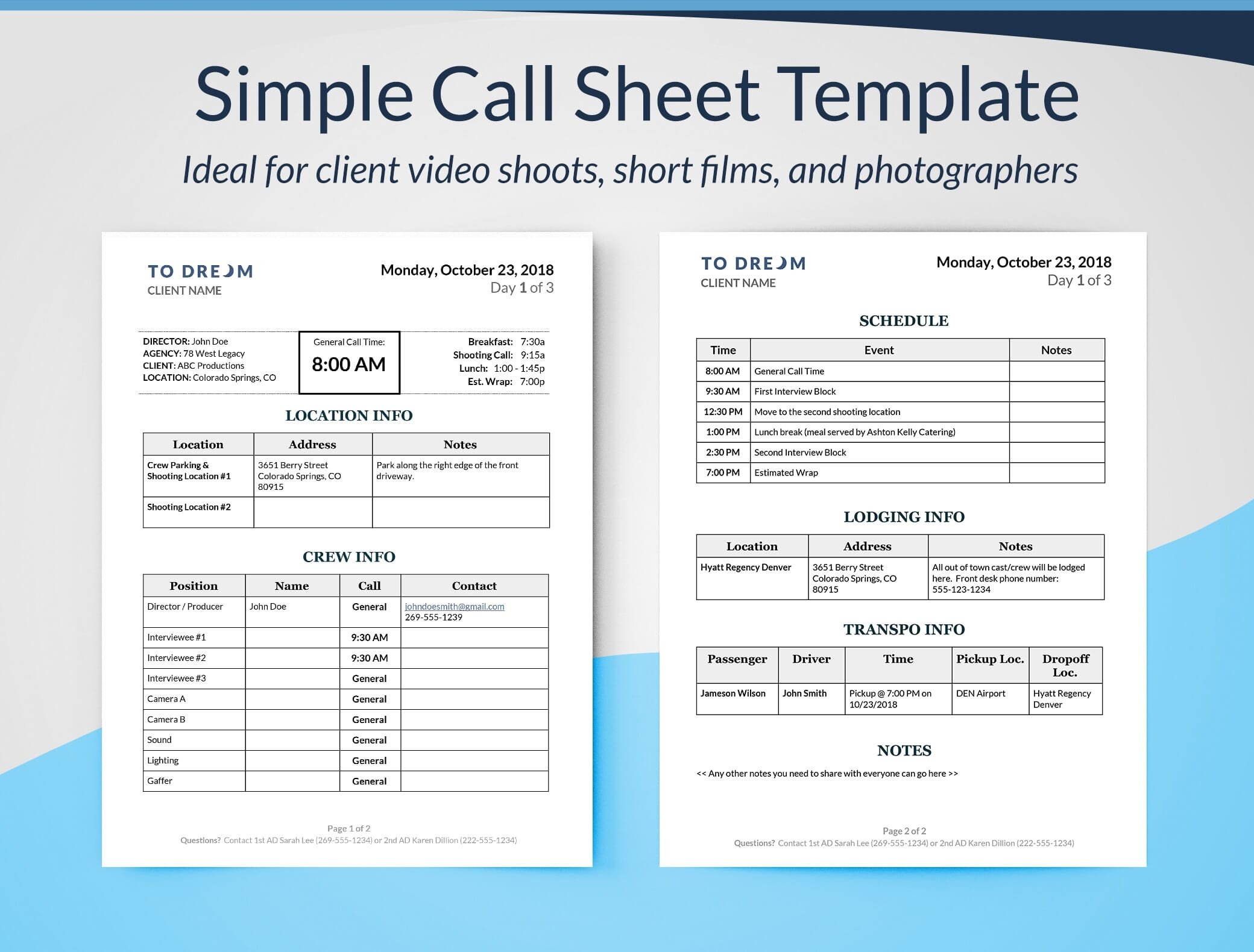 Photoshoot Call Sheet Template Simple Call Sheet Template Word Doc