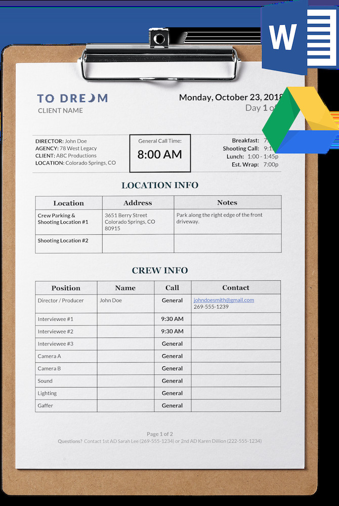 Photoshoot Call Sheet Template Simple Call Sheet Template Word Doc
