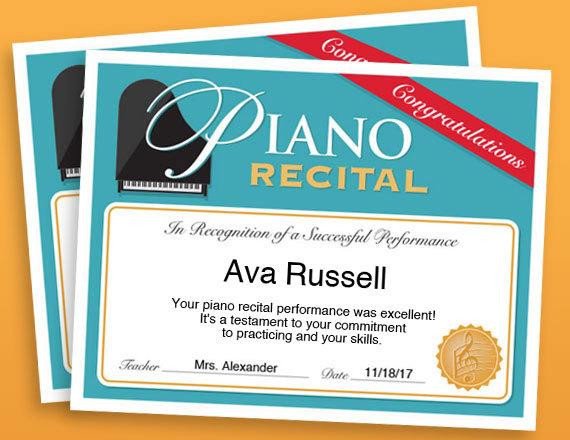 Piano Recital Certificate Template Piano Recital Certificate Piano Award Printables Child