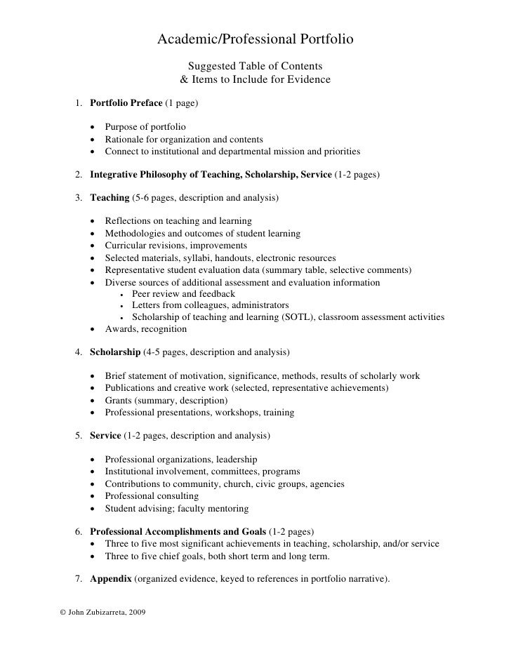 Portfolio Table Of Contents Template Academic Portfolio Contents