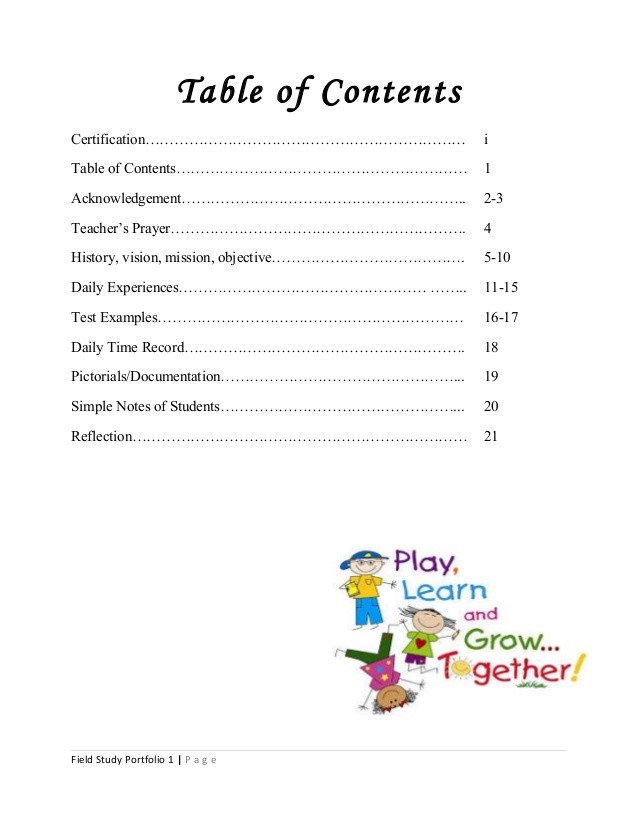 Portfolio Table Of Contents Template Field Study Portfolio