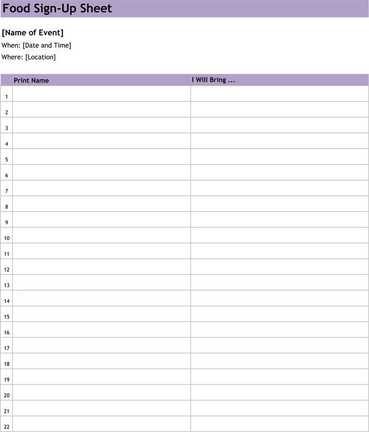 Potluck Sign Up Sheet Template 26 Free Sign Up Sheet Templates Excel &amp; Word