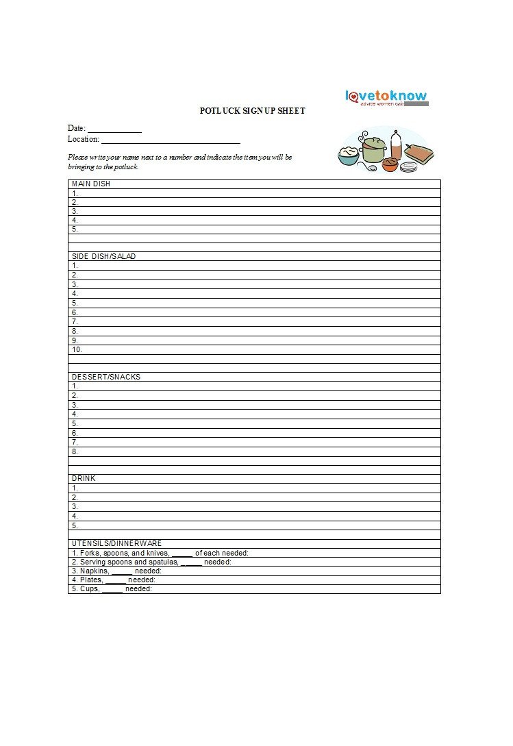Potluck Sign Up Sheet Template 38 Best Potluck Sign Up Sheets for Any Occasion