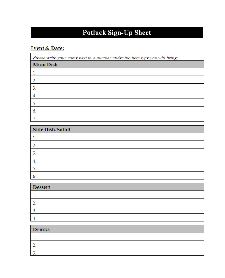 Potluck Sign Up Sheet Template Potluck Sign Up Sheet Templates