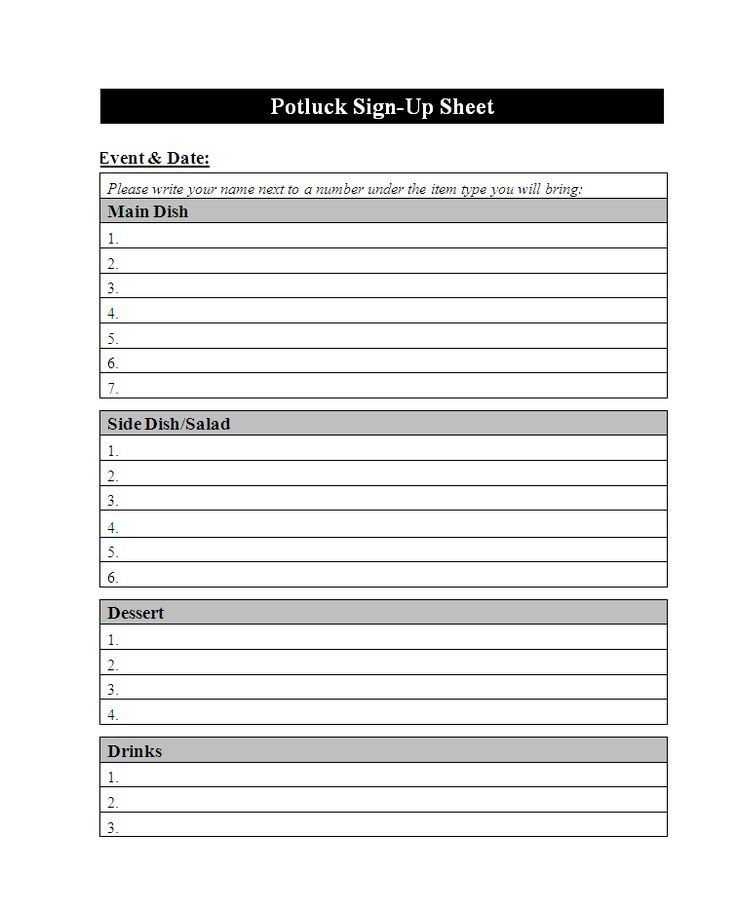 Potluck Sign Up Template Potluck assignment Sheet