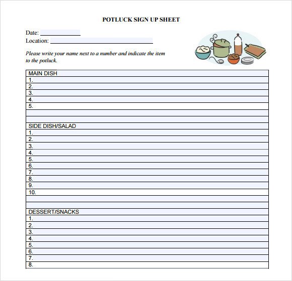 Potluck Sign Up Template Sample Sign Up Sheet 13 Example format