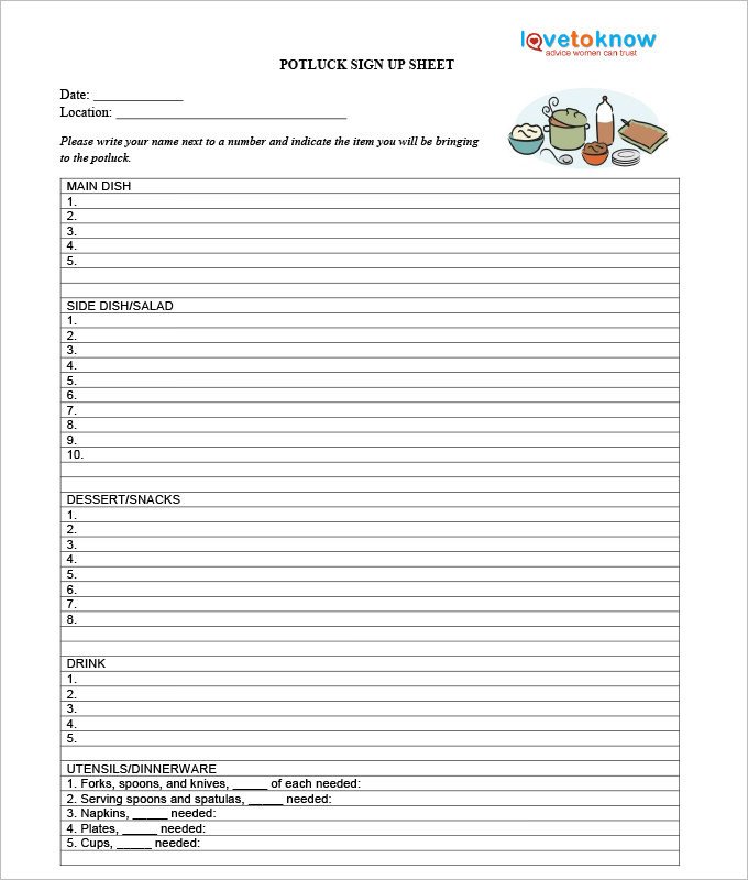 Potluck Sign Up Template Sign Up Sheets 58 Free Word Excel Pdf Documents
