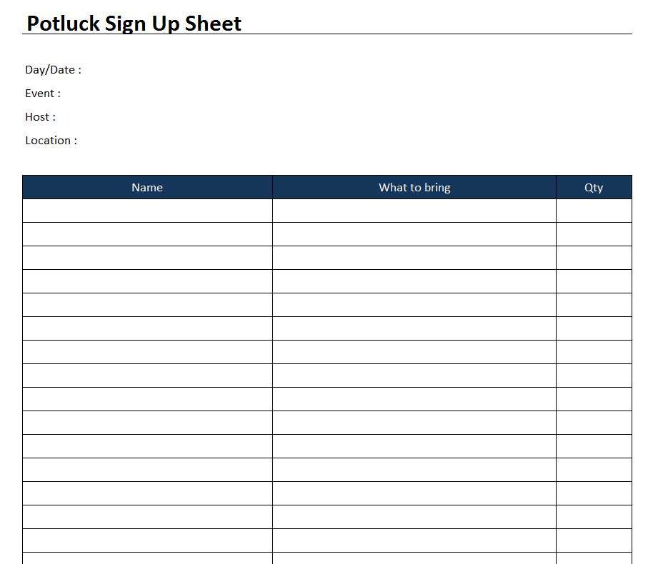 Potluck Sign Up Templates Potluck Sign Up Sheet Template Free Excel Templates and