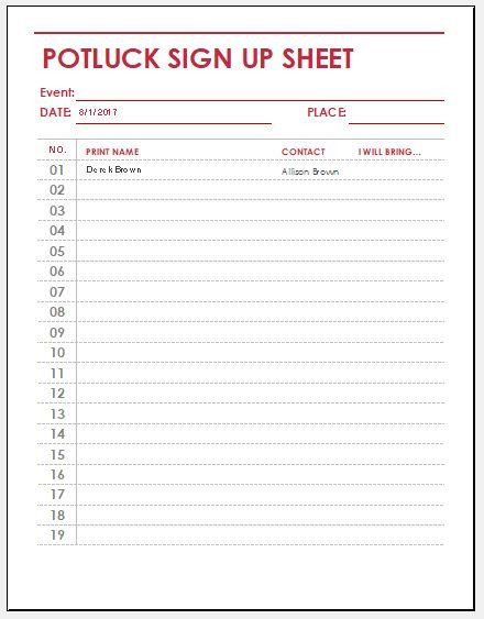 Potluck Sign Up Templates Potluck Sign Up Sheet Templates for Excel