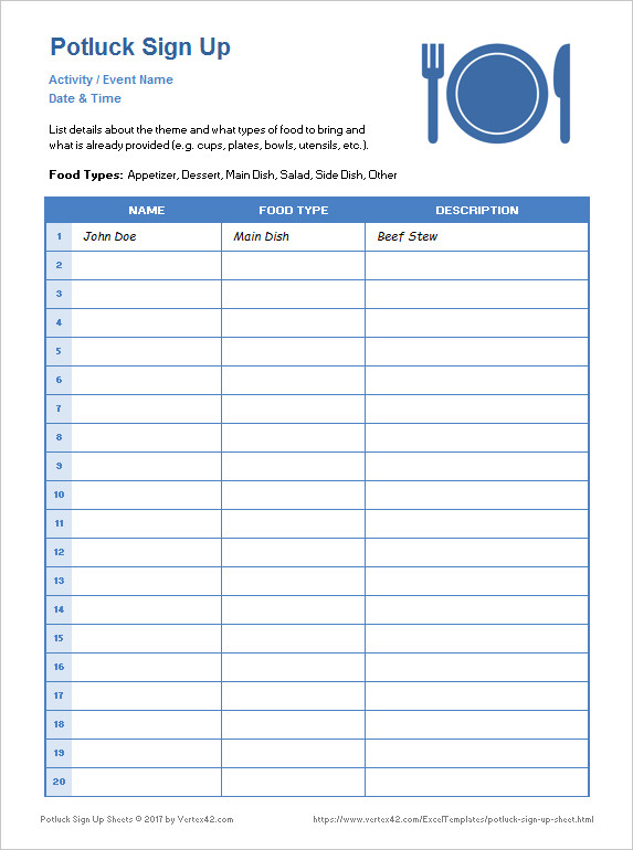 Potluck Sign Up Templates Potluck Sign Up Sheets for Excel and Google Sheets