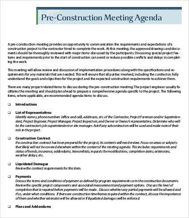 Pre Construction Meeting Agenda Template Construction Meeting Agenda Template 6 Free Word Pdf