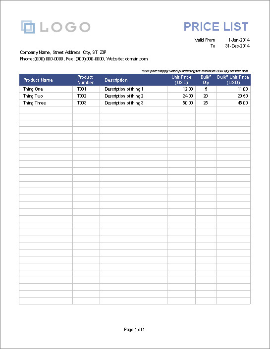 Price List Template Excel Printable Price List Template for Excel
