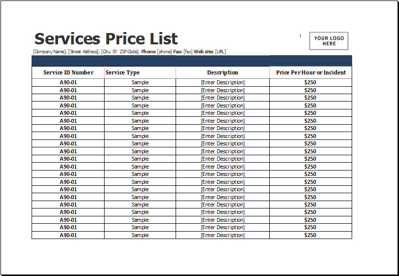 Price List Template Excel Services Price List Template for Ms Excel