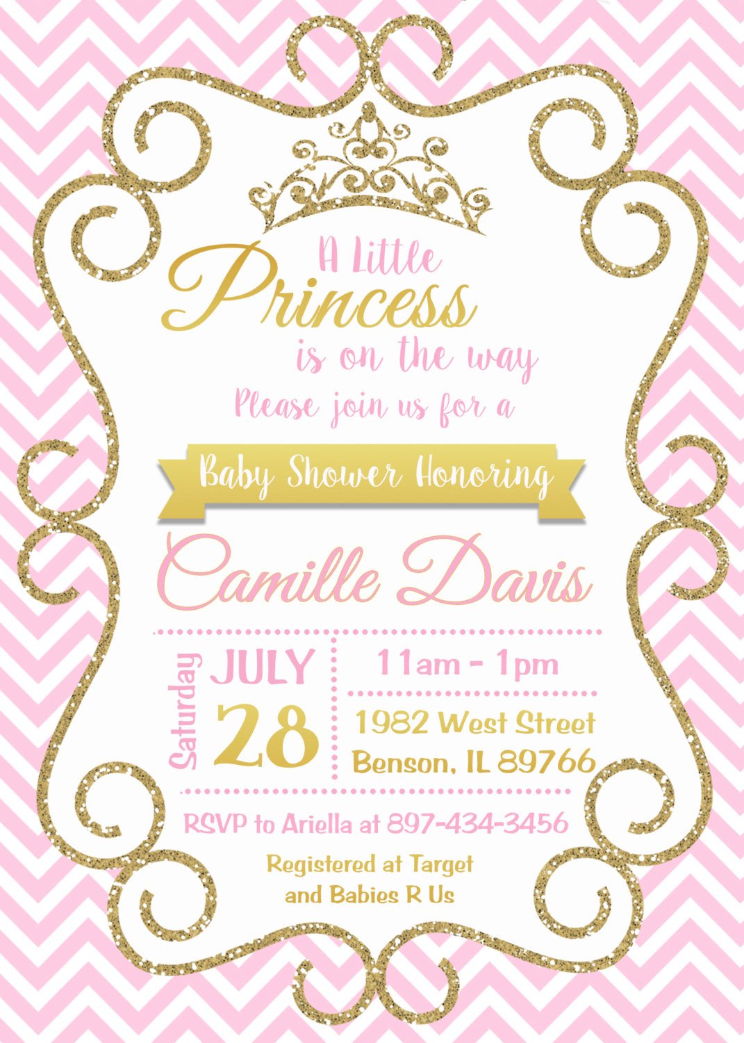 Princess Baby Shower Invitations Templates Pink and Gold Princess Baby Shower Invitation Sparkle