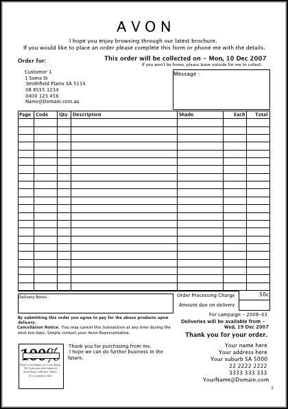 Printable Avon order forms Example Customer order
