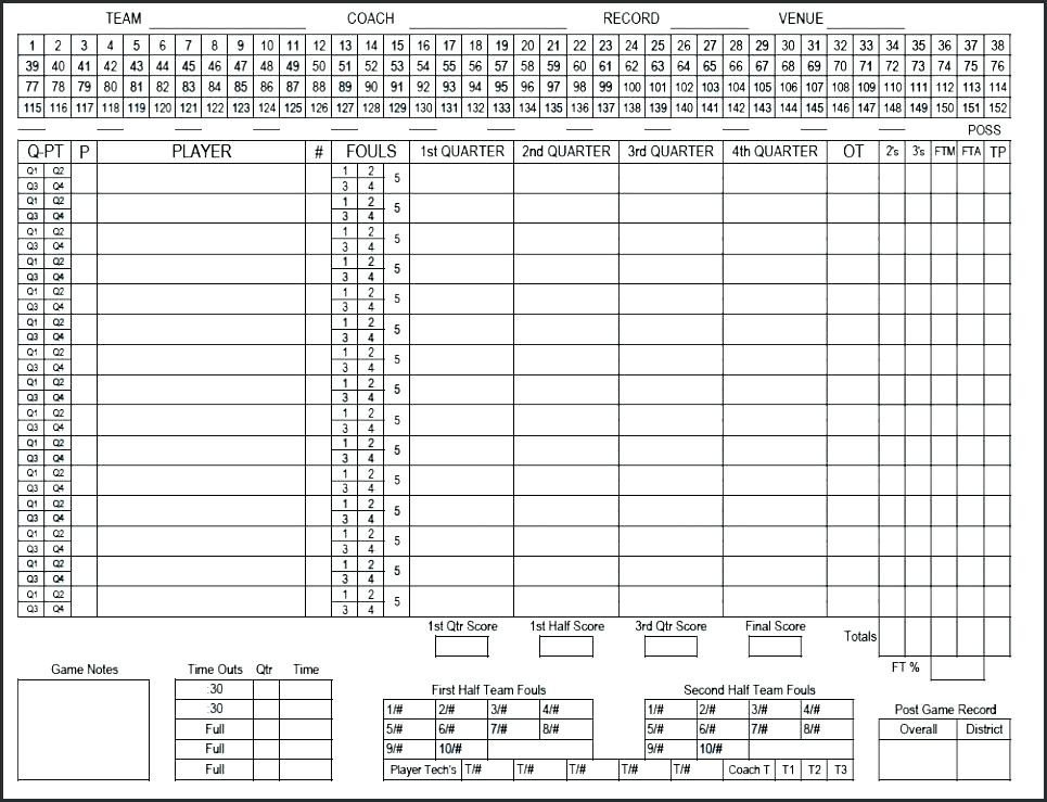 Printable Basketball Score Sheet 15 Printable Basketball Scoresheet