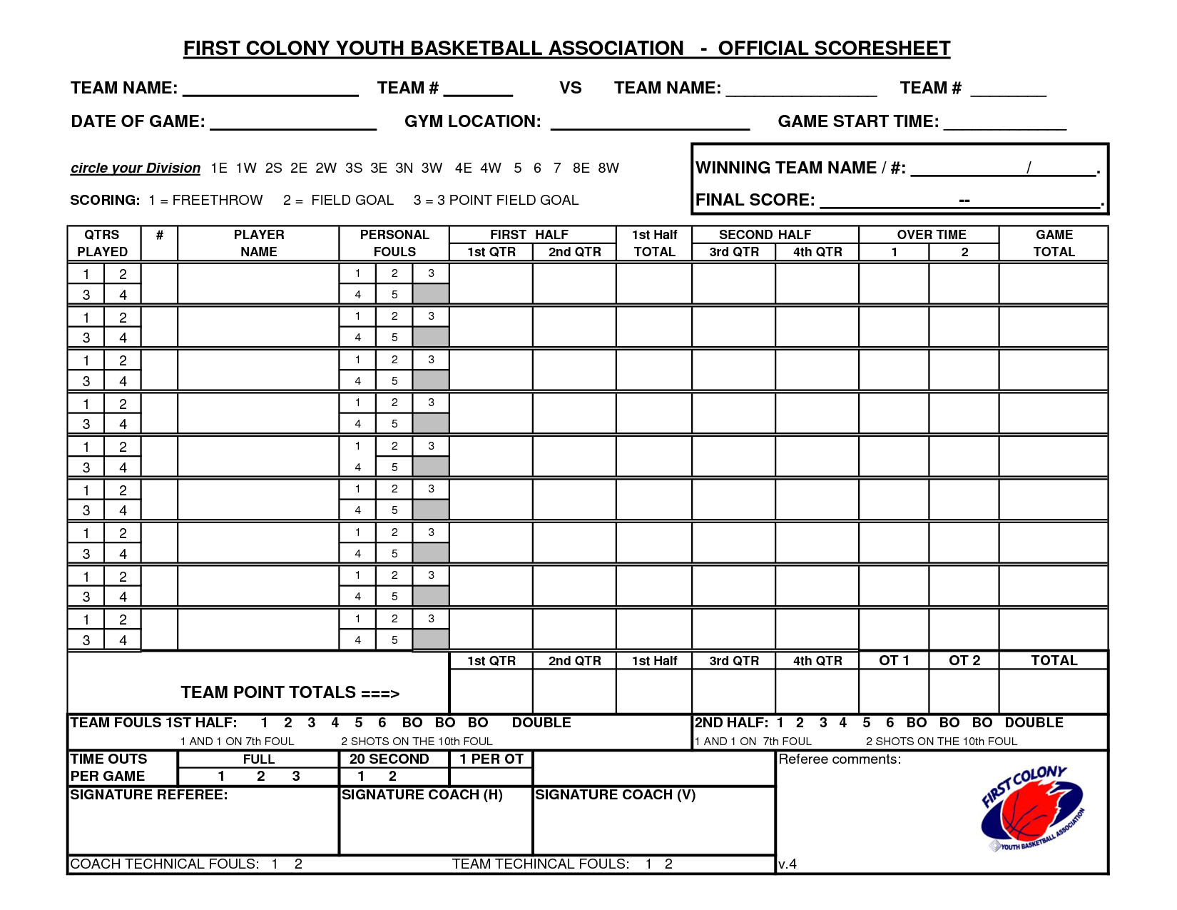 Printable Basketball Score Sheet Youth Basketball Score Sheet Pdf
