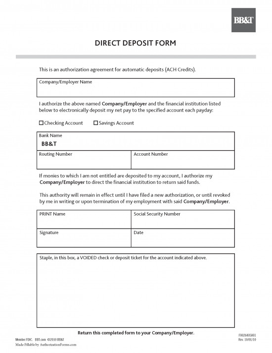 Printable Direct Deposit form Free Bb&amp;t Bank Direct Deposit Authorization form Pdf