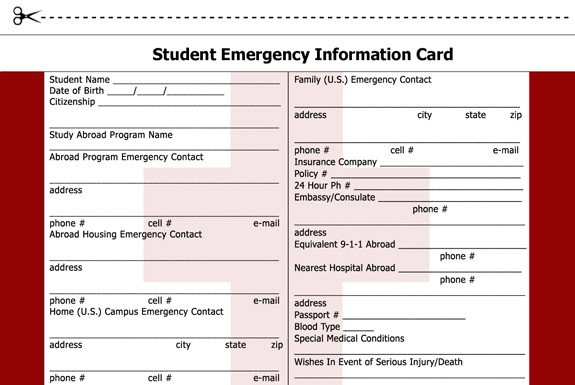 Printable Emergency Card Template Studentsabroad Study Abroad Handbook Worldwide