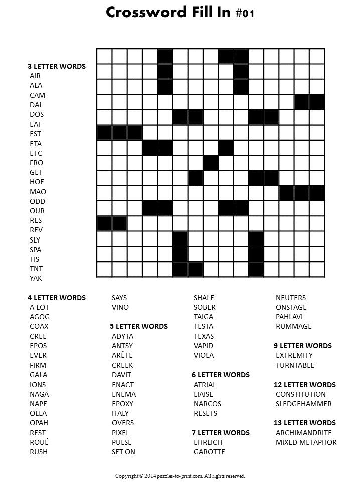 Printable Fill In Puzzle Crossword Fill In Puzzles Printable Vocabulary Builders