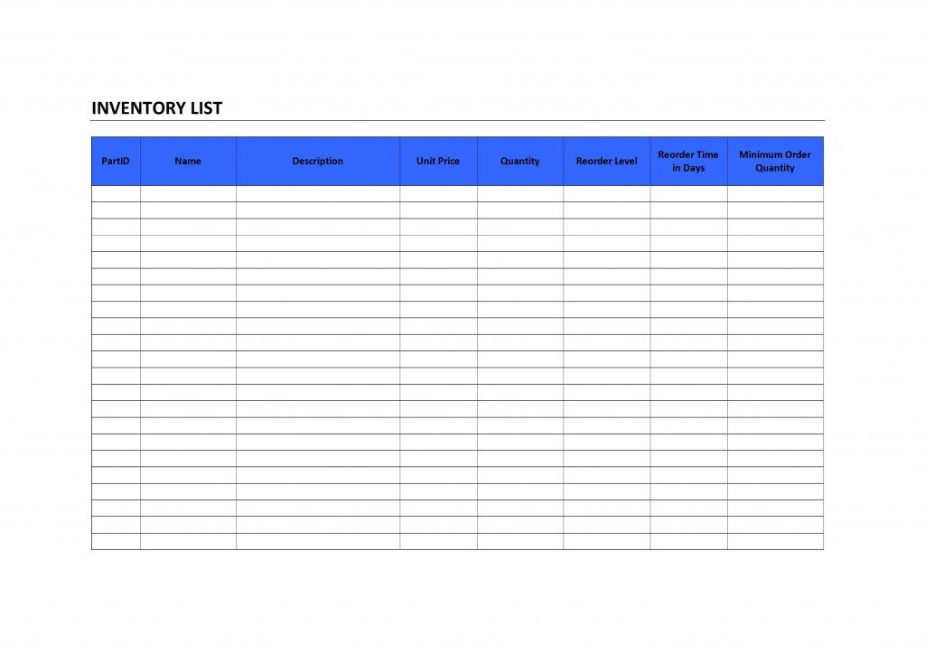 Printable Inventory List Template Inventory List