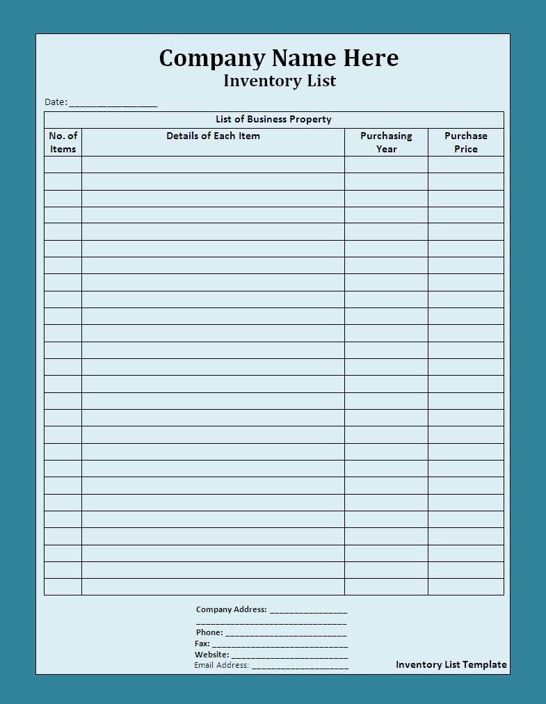 Printable Inventory List Template List Templates
