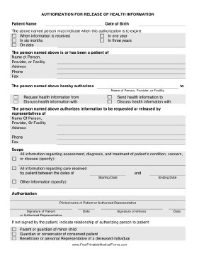 Printable Medical Release form Printable Health Information Release Authorization form