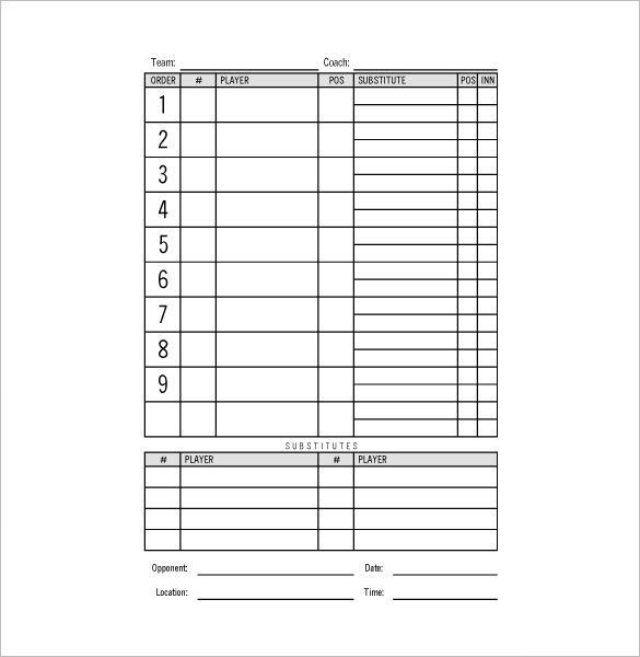 Printable softball Lineup Cards 10 Baseball Line Up Card Templates Doc Pdf