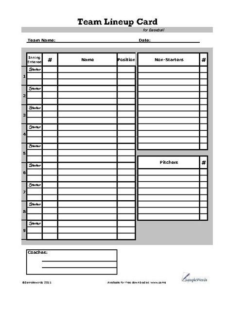 Printable softball Lineup Cards Baseball Lineup Card Sports