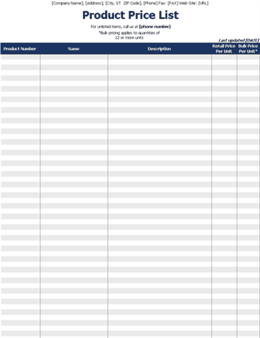 Product Price List Template Inventories Fice