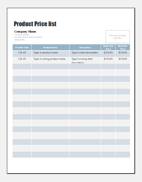 Product Price List Template Ms Excel Product Price List Templates
