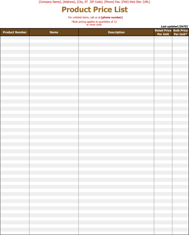 Product Price List Template Price List Template 6 Price Lists for Word and Excel
