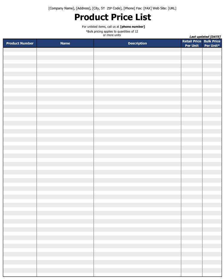 Product Price List Template Price List Template