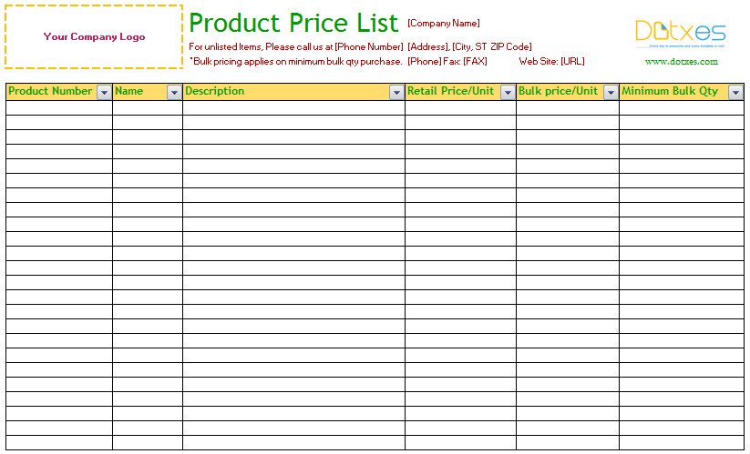Product Price List Template Product Price List Template Standard Dotxes