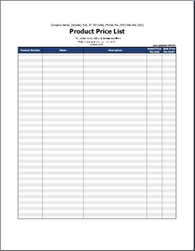 Product Price List Template Rate Card Template