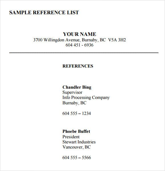 Professional Reference List Template List References Template