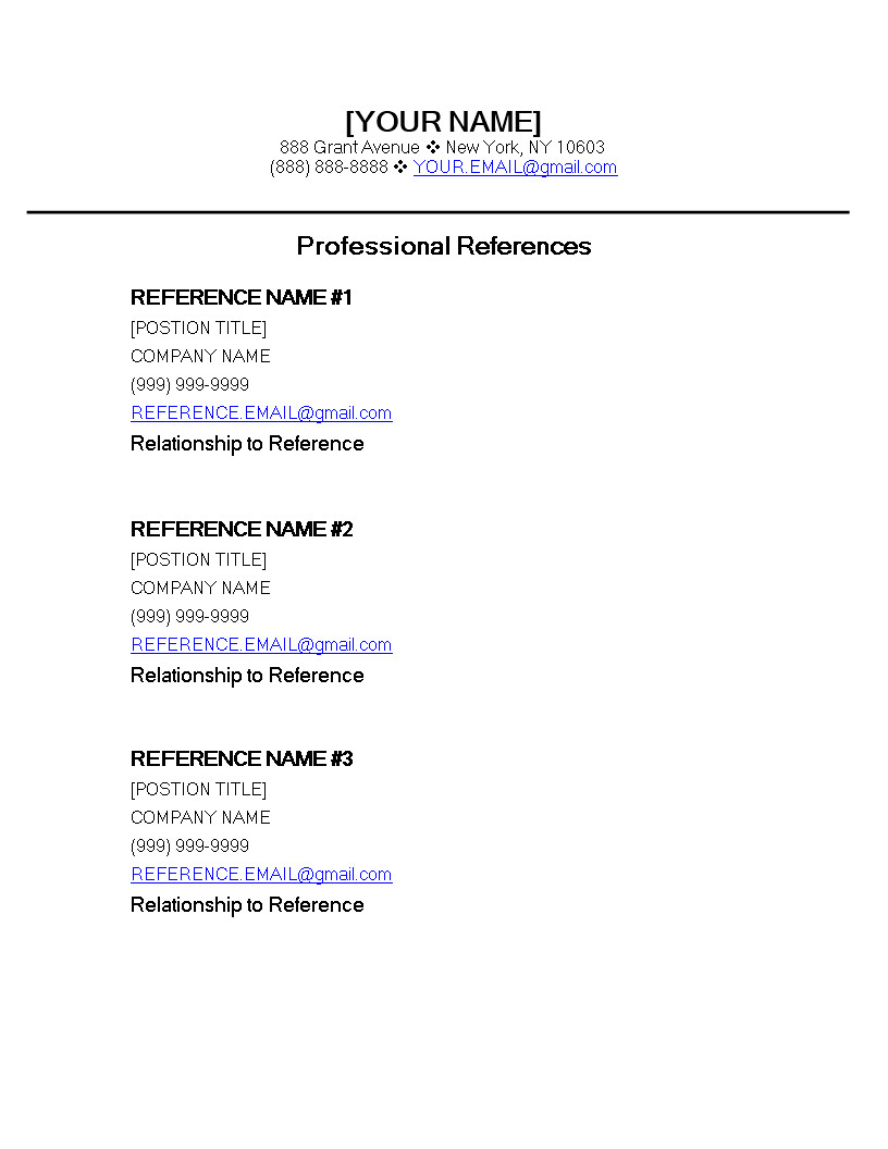 Professional Reference List Template Professional Reference Page Template
