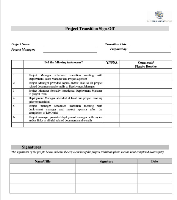 Project Transition Plan Template Project Transition Checklist the Persimmon Groupthe